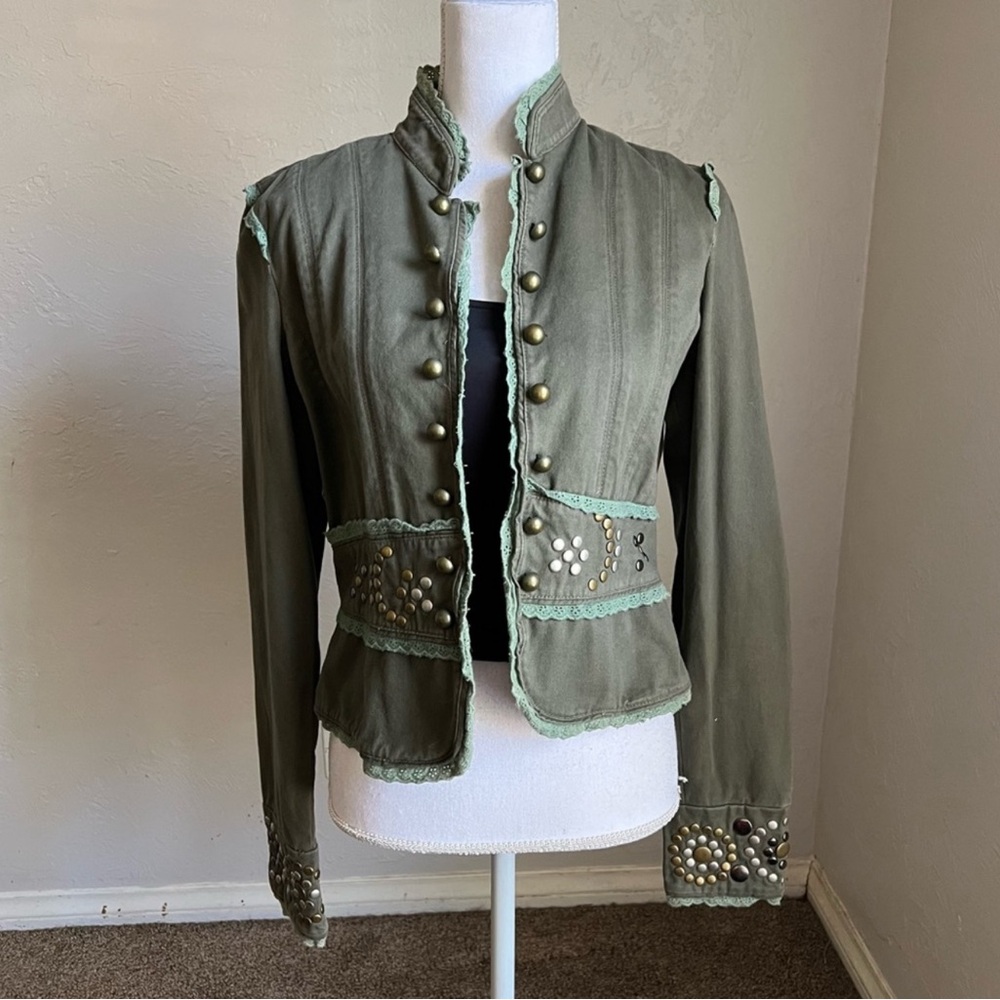 Miss Me Khaki Military Style Utility Jacket with Lace and Metallic Studs L Green